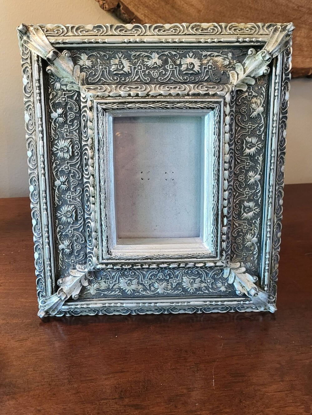 Ornate Silver Tone Antique Pewter Photo Frame Intricate Design Heavy 9.5x11"